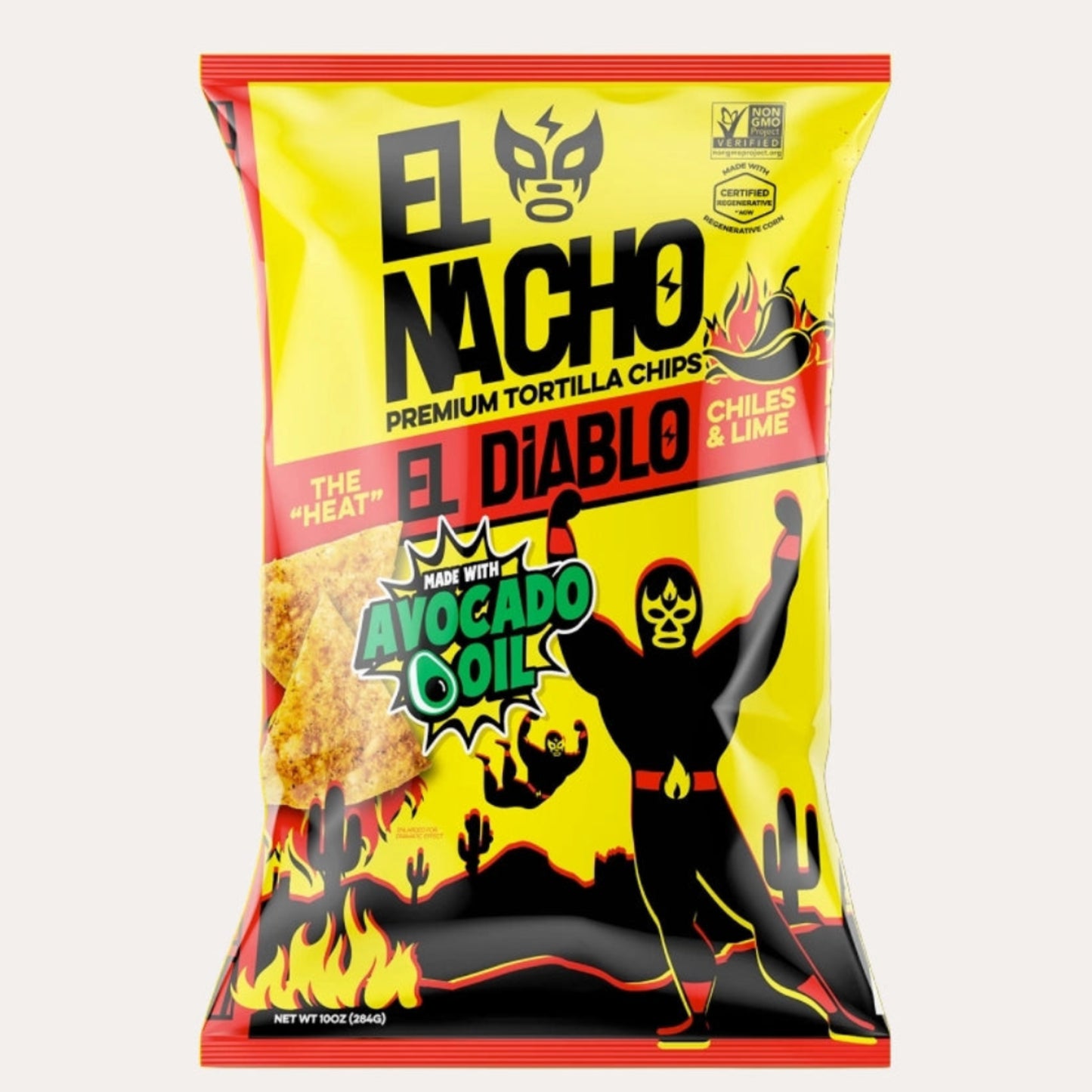 Packaging of El Nacho tortilla chips with branding and flavor details on a white background