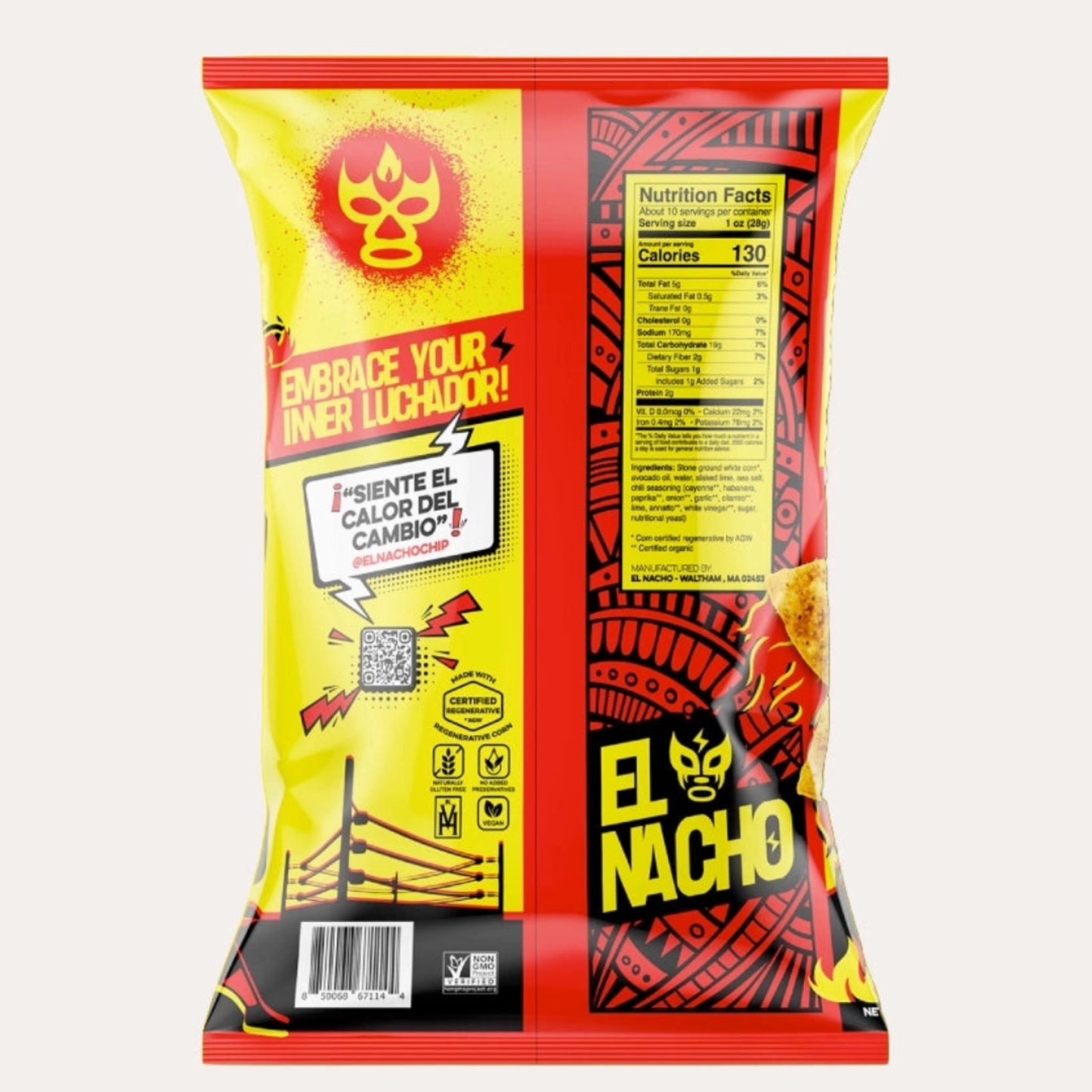 El Nacho snack bag with vibrant yellow, red, and black design on a white background