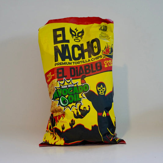 Bag of El Nacho tortilla chips with avocado oil on a white background