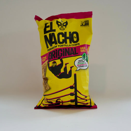 Yellow bag of El Nacho tortilla chips on a white background