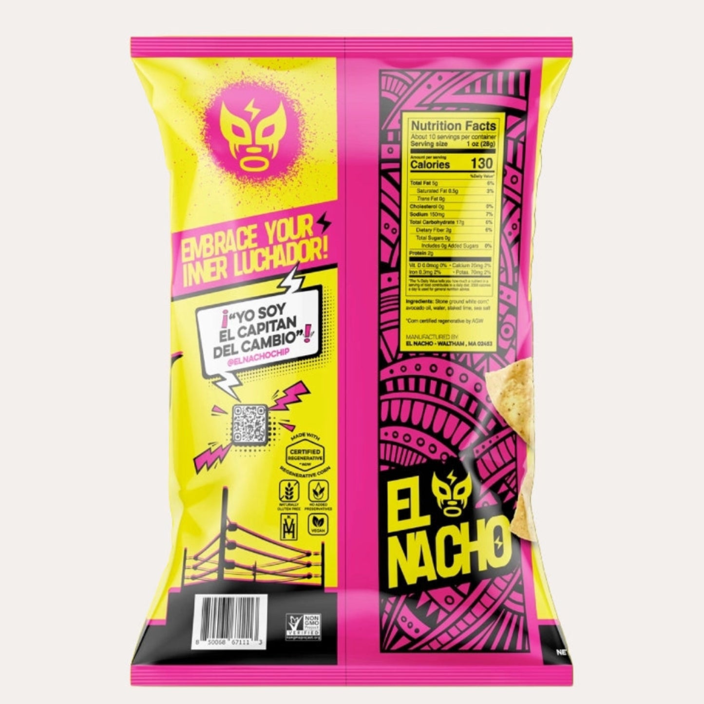 Colorful packaging of El Nacho chips with vibrant yellow and pink design on a white background