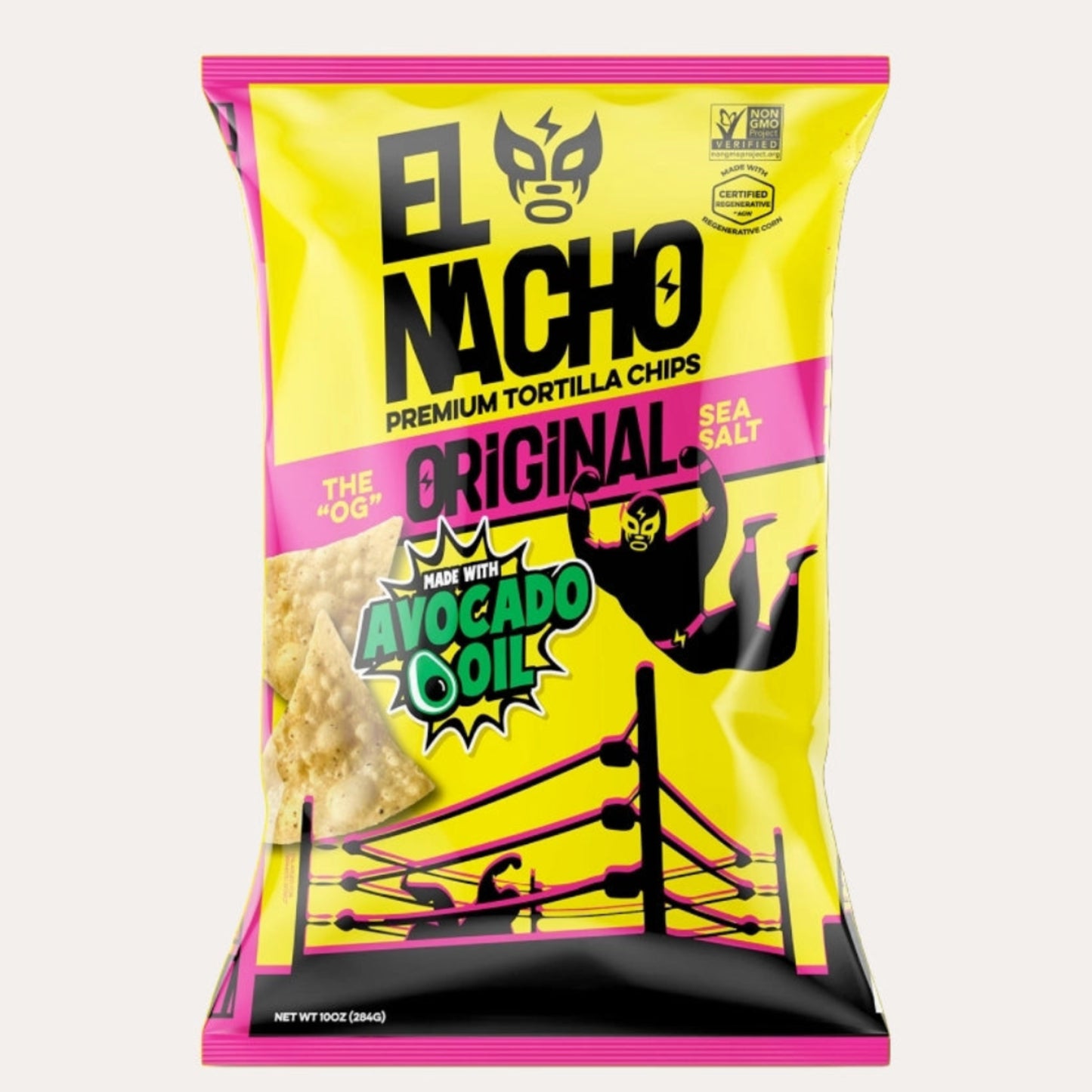 El Nacho tortilla chips packaging with yellow and pink design on a white background