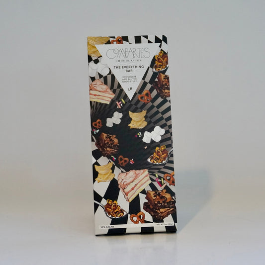 Chocolate bar packaging with a pattern of chocolate bars and all the toppings on a white background
