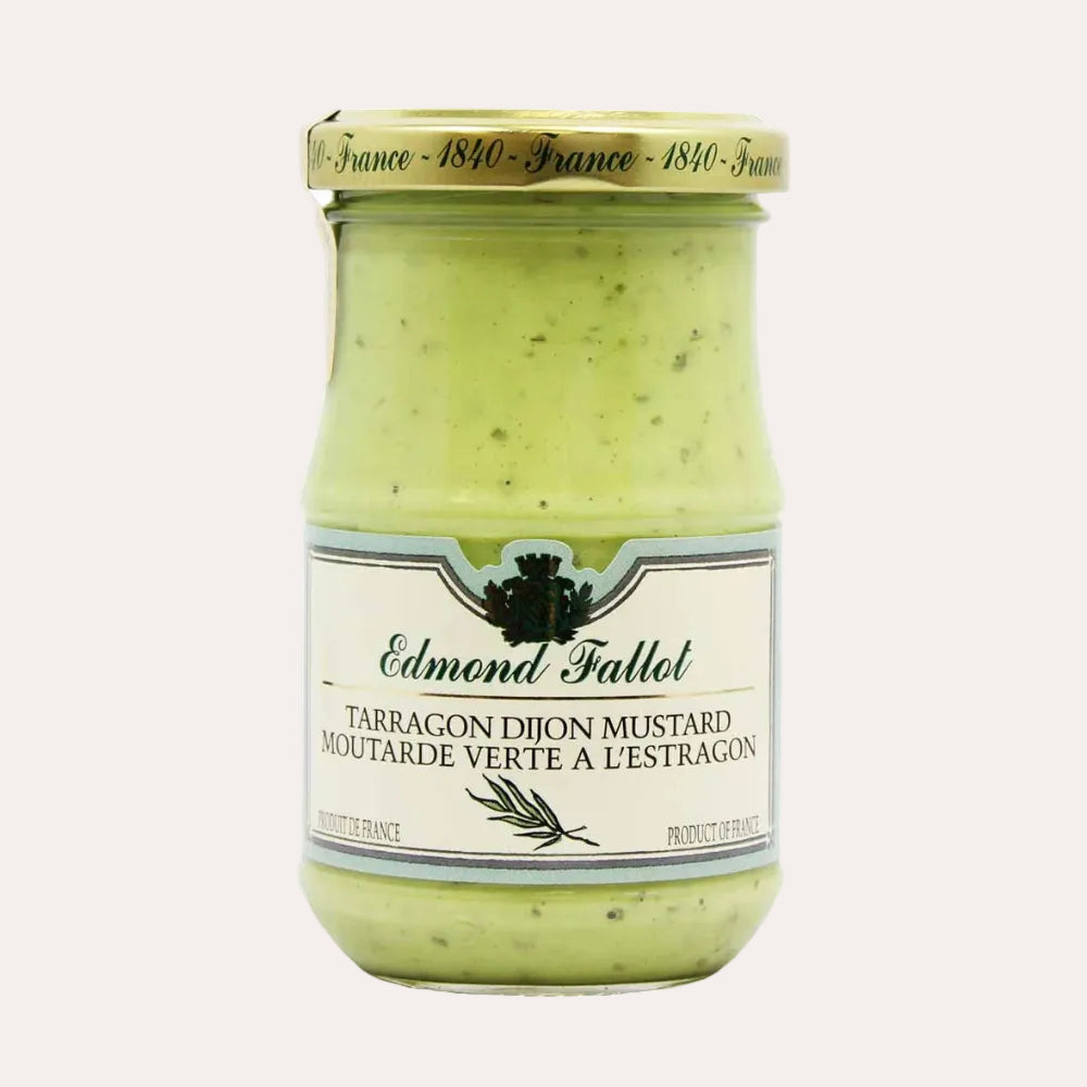 Jar of Edmond Fallot Tarragon Dijon Mustard on a white background