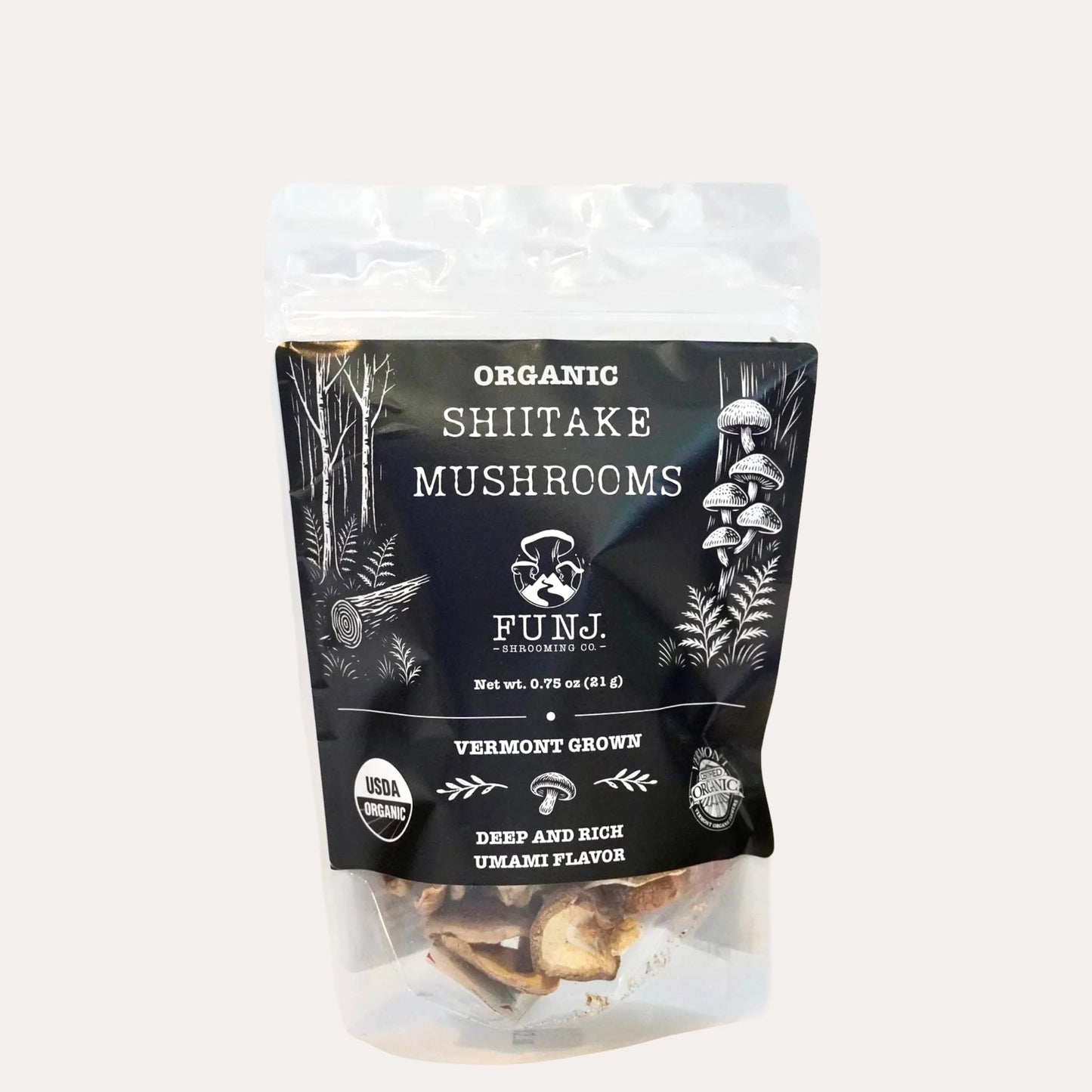 Packaged organic shiitake mushrooms with FunJ branding on a white background