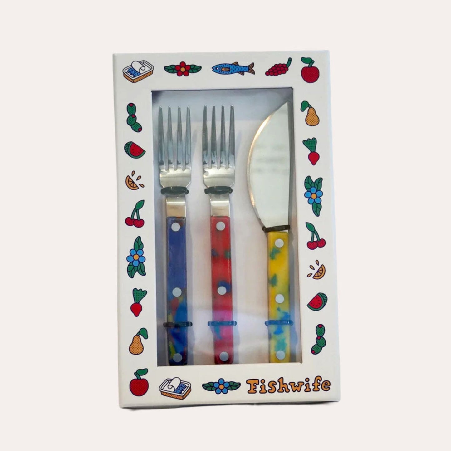 Set of cutlery in a colorful box with 'Fishwife' branding on a white background