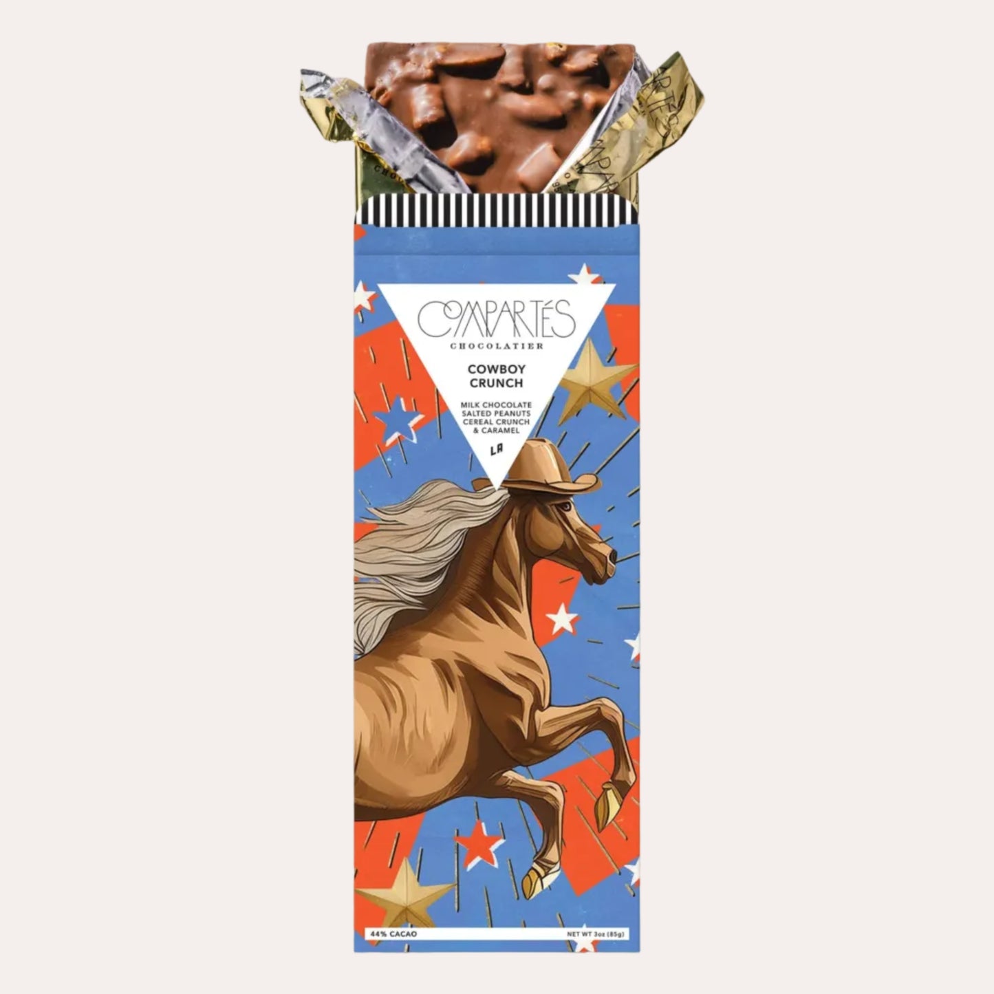 Cowboy Crunch chocolate bar packaging with a horse and stars design on a white background
Cork Market in Stowe VT