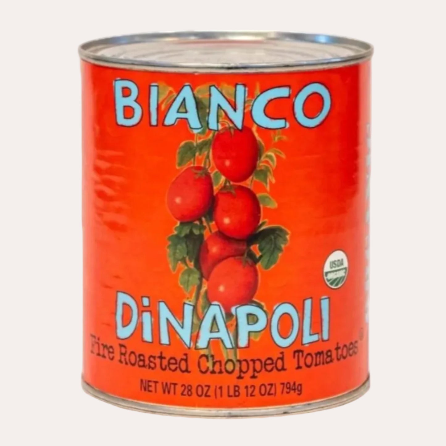 Can of Bianco DiNapoli fire roasted chopped tomatoes on a white background