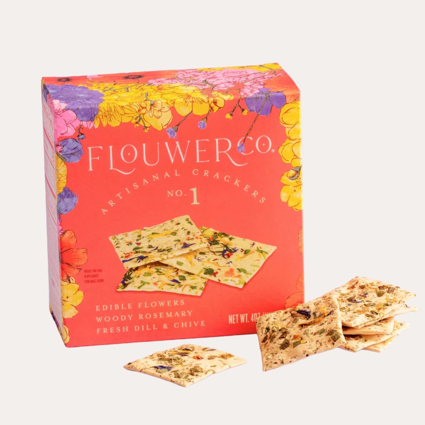 Flower Co. artisanal crackers with a colorful box on a white background