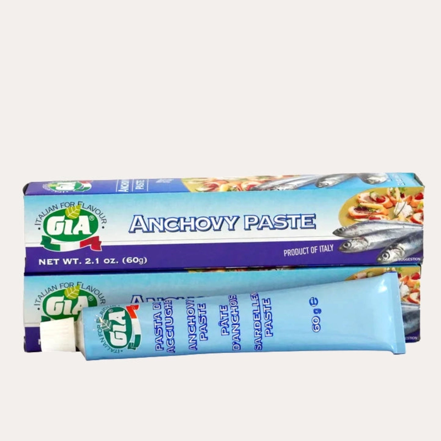 GIA Anchovy Paste packaging with a tube on a white background