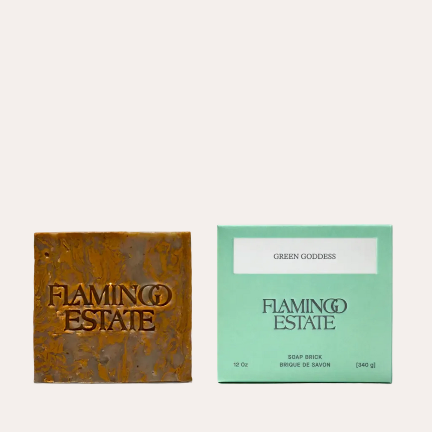 Two soap bars from Flamingo Estate on a white background