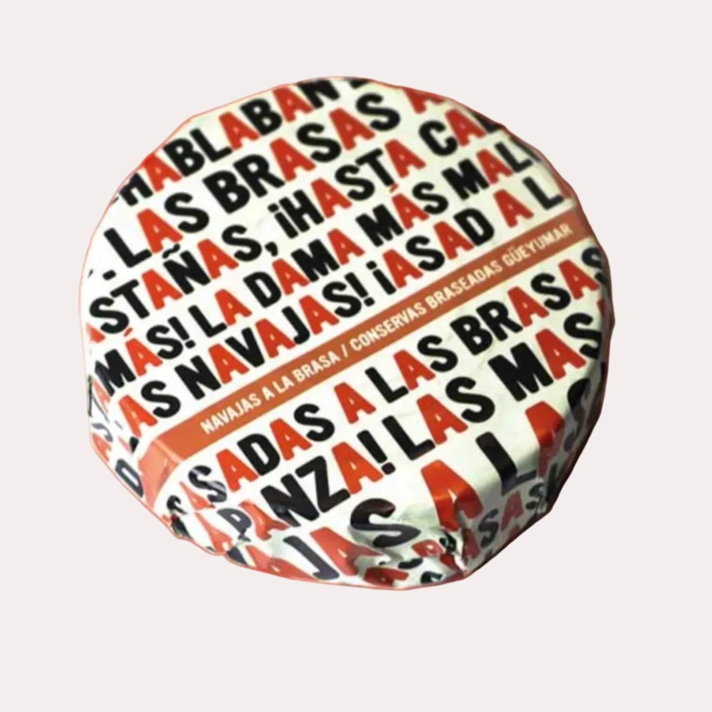 Circular packaging with text on an orange background