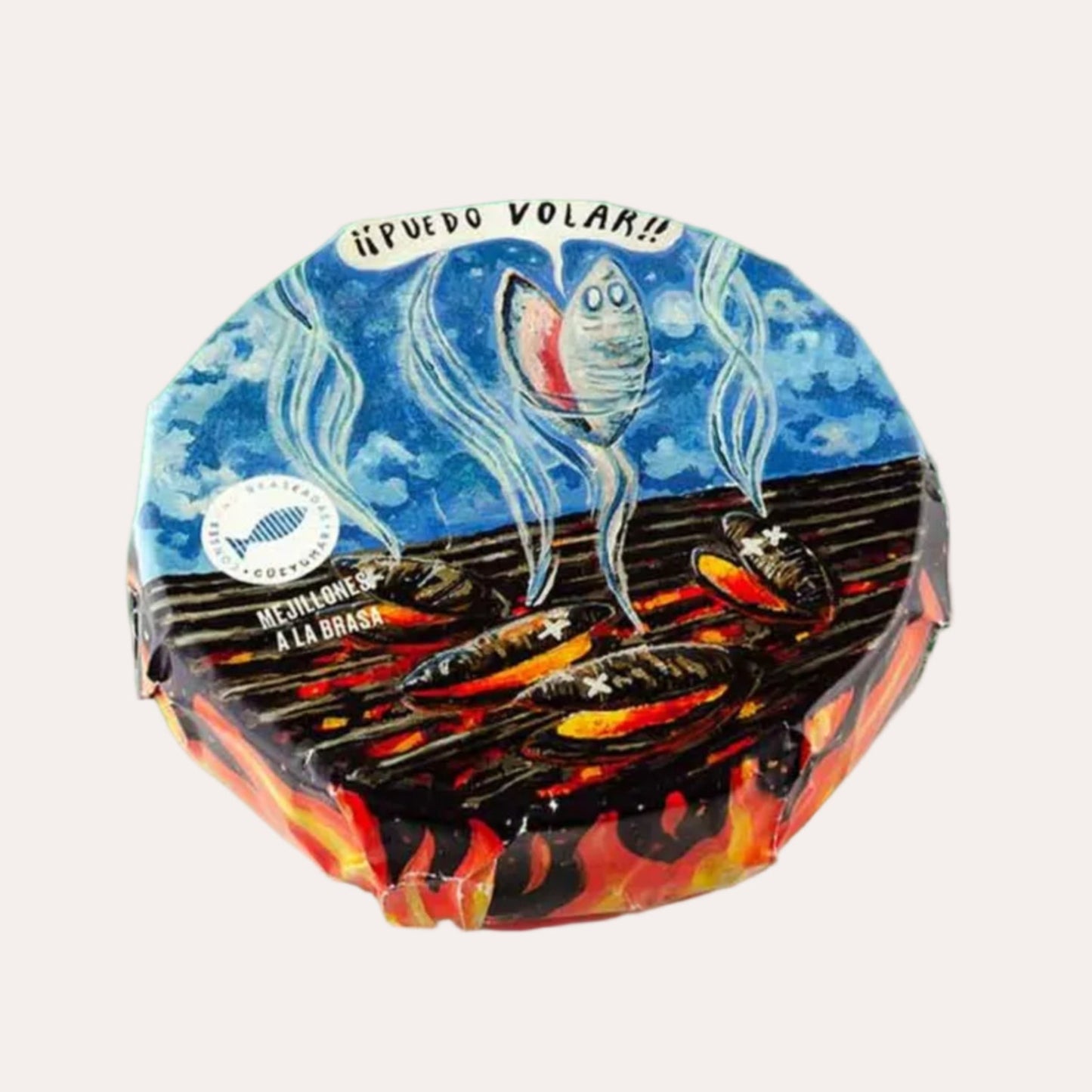 Round product with artistic design on a green background