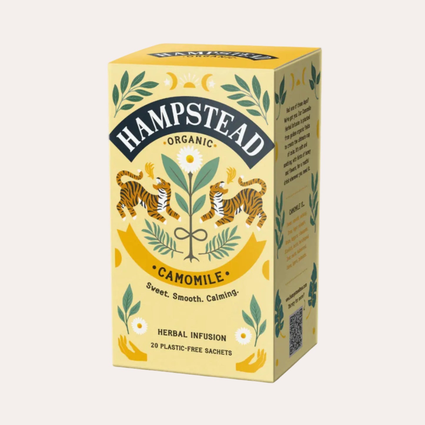 Hampstead Organic Camomile tea box with tiger illustrations on a white background