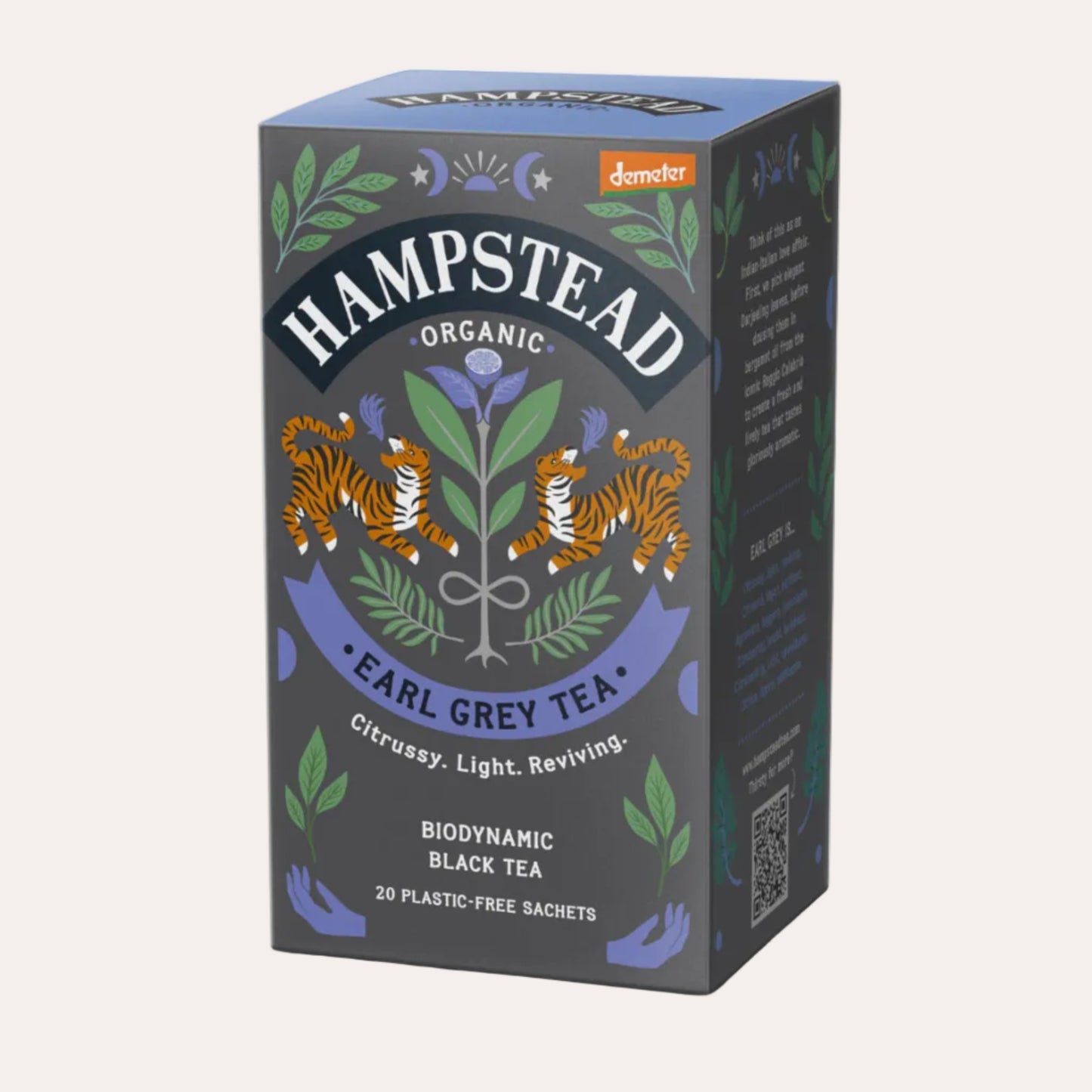Hampstead Organic Earl Grey Tea packaging with tigers and leaves on a white background