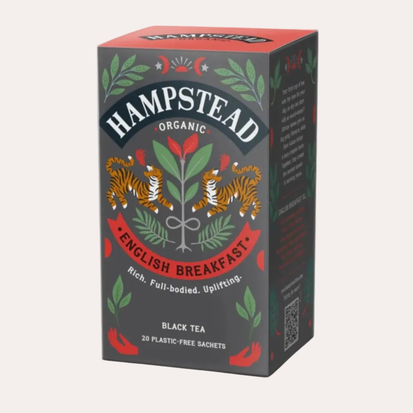 Hampstead Organic English Breakfast black tea packaging on a white background