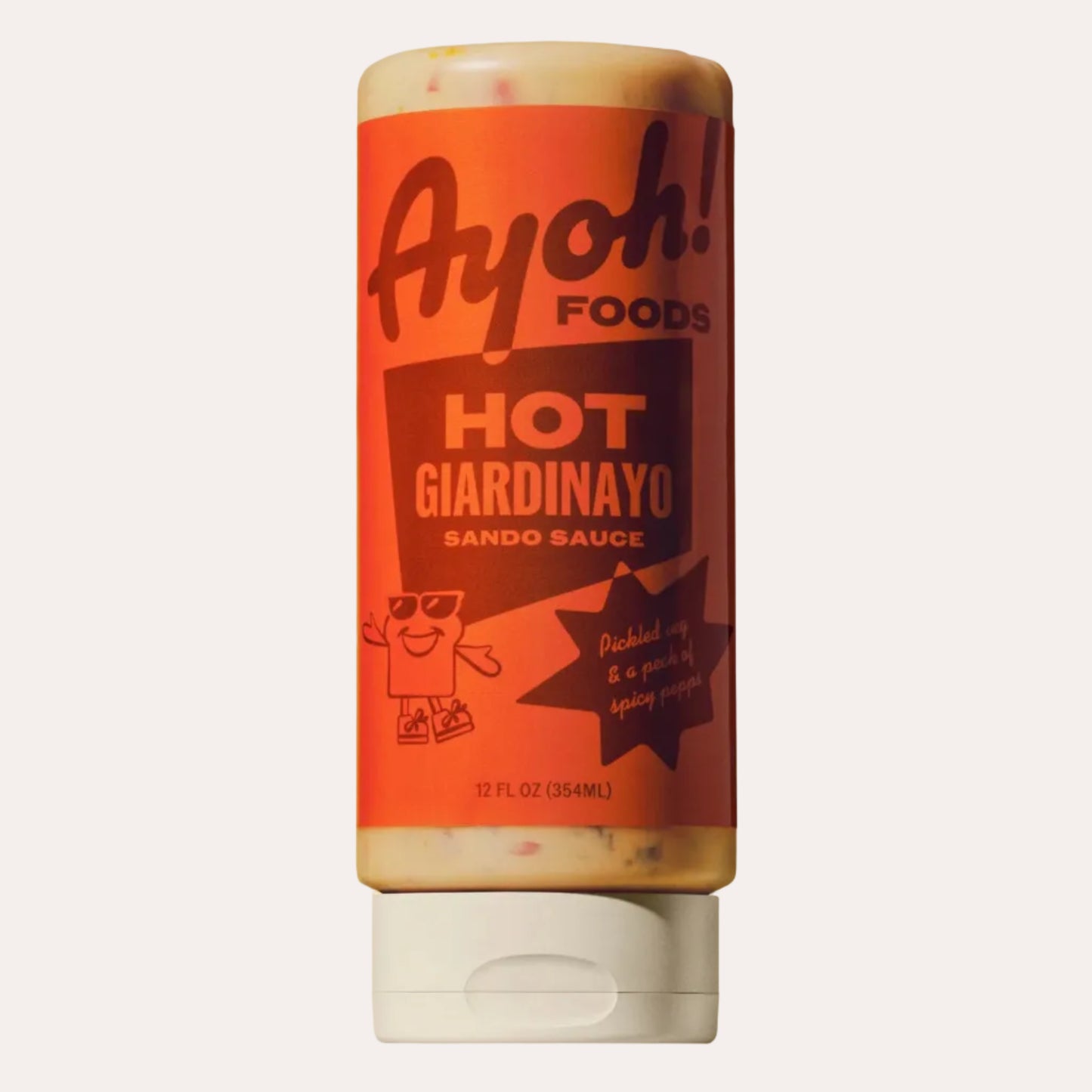 Ayoh! Foods Hot Giardinayo Sando Sauce bottle on a beige background
