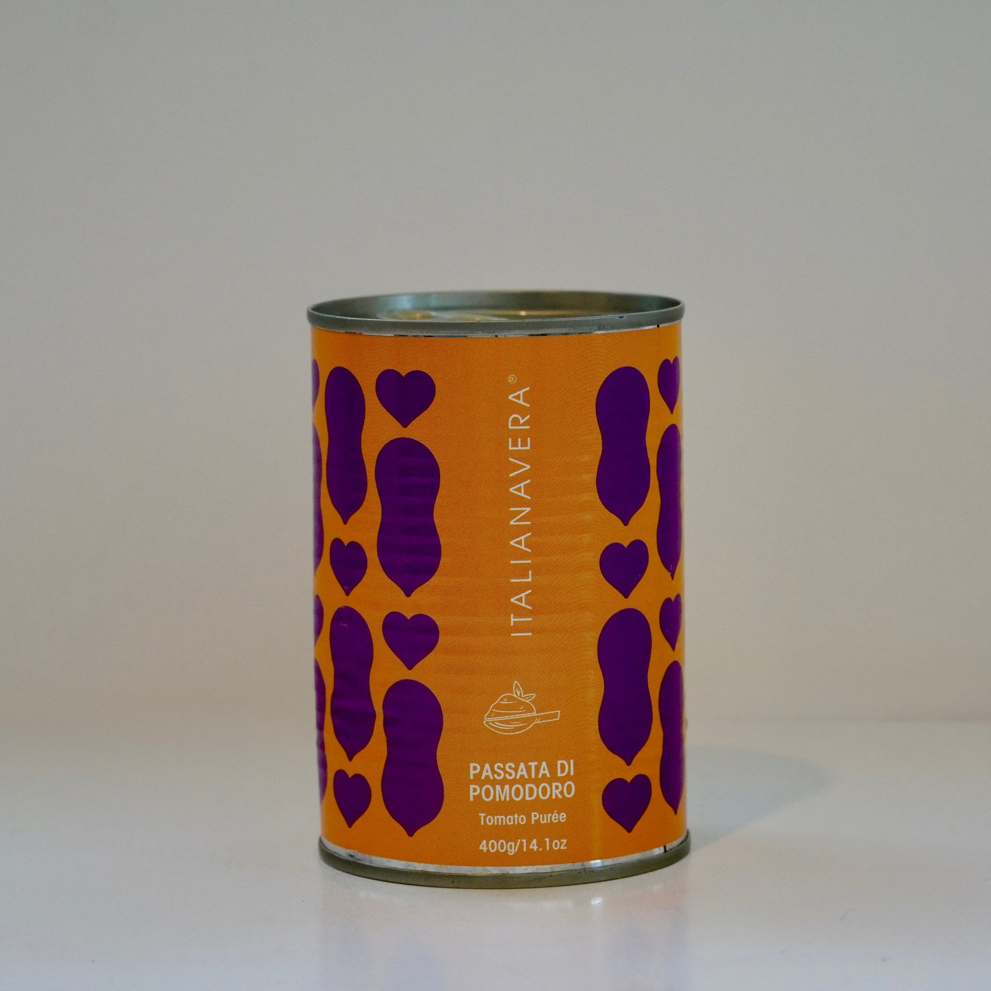 Can with orange label featuring purple hearts on a white background