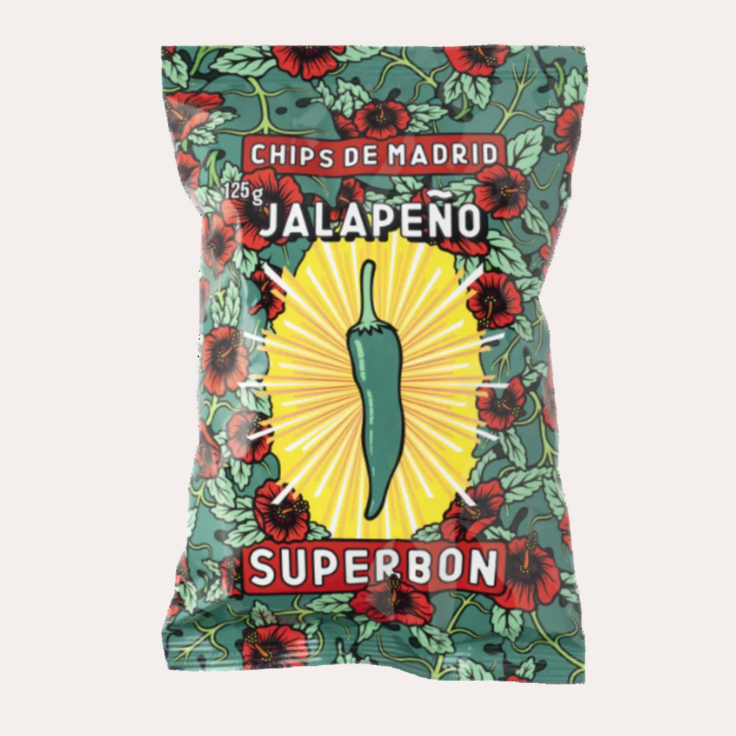 Chips de Madrid jalapeño Superbon packaging with floral design