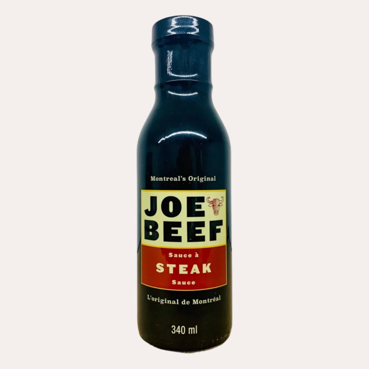 Bottle of Joe Beef steak sauce on a white background