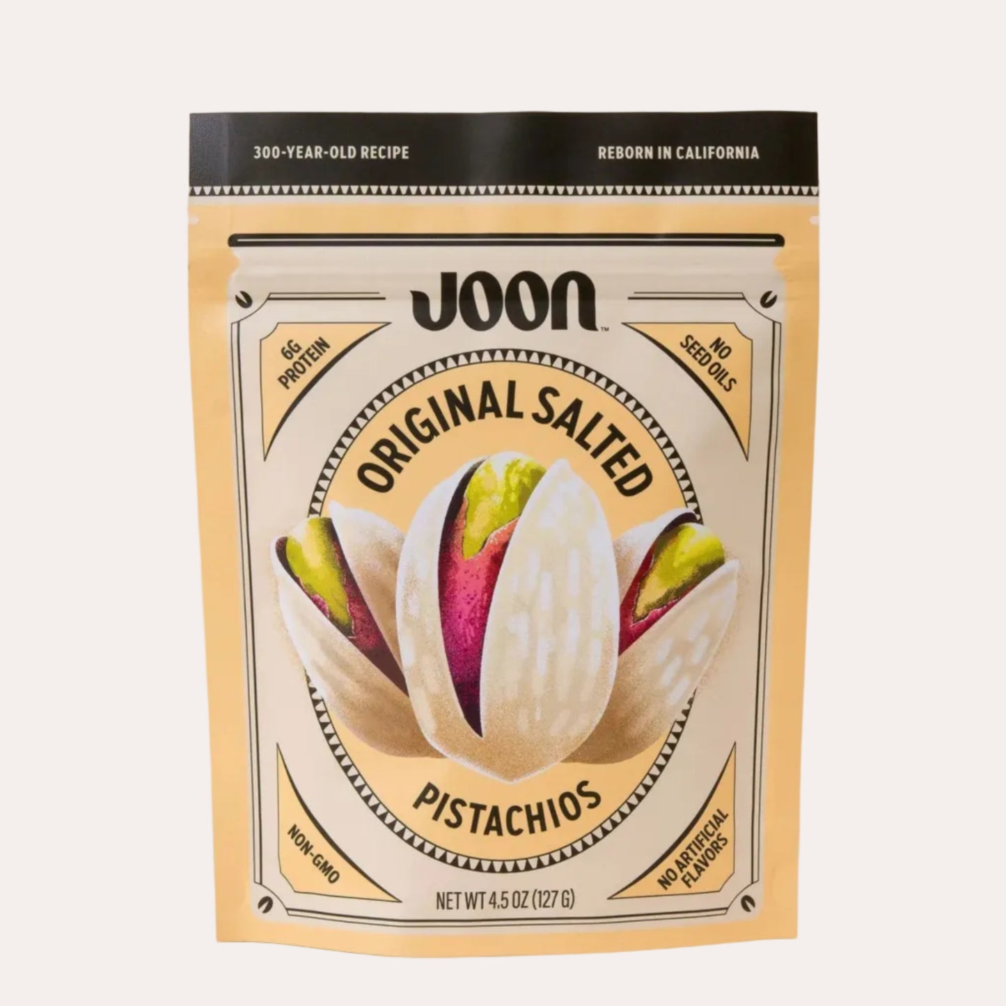 Packaging of Joon Original Salted Pistachios on a beige background
Cork Market