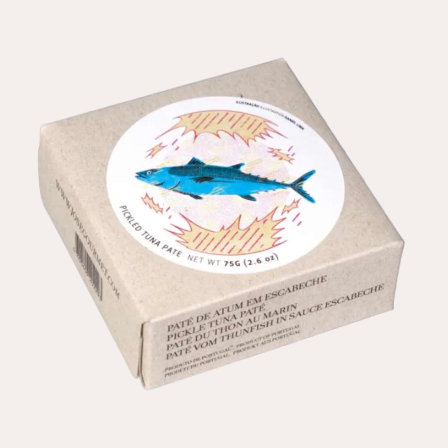 Box of tuna paté with a fish illustration on a white background