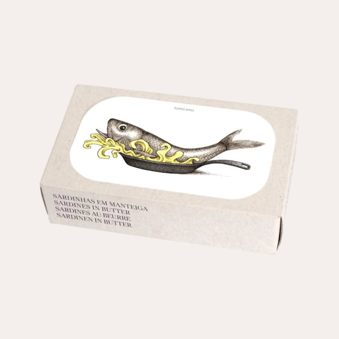 Box of sardines in butter with a fish illustration on a white background