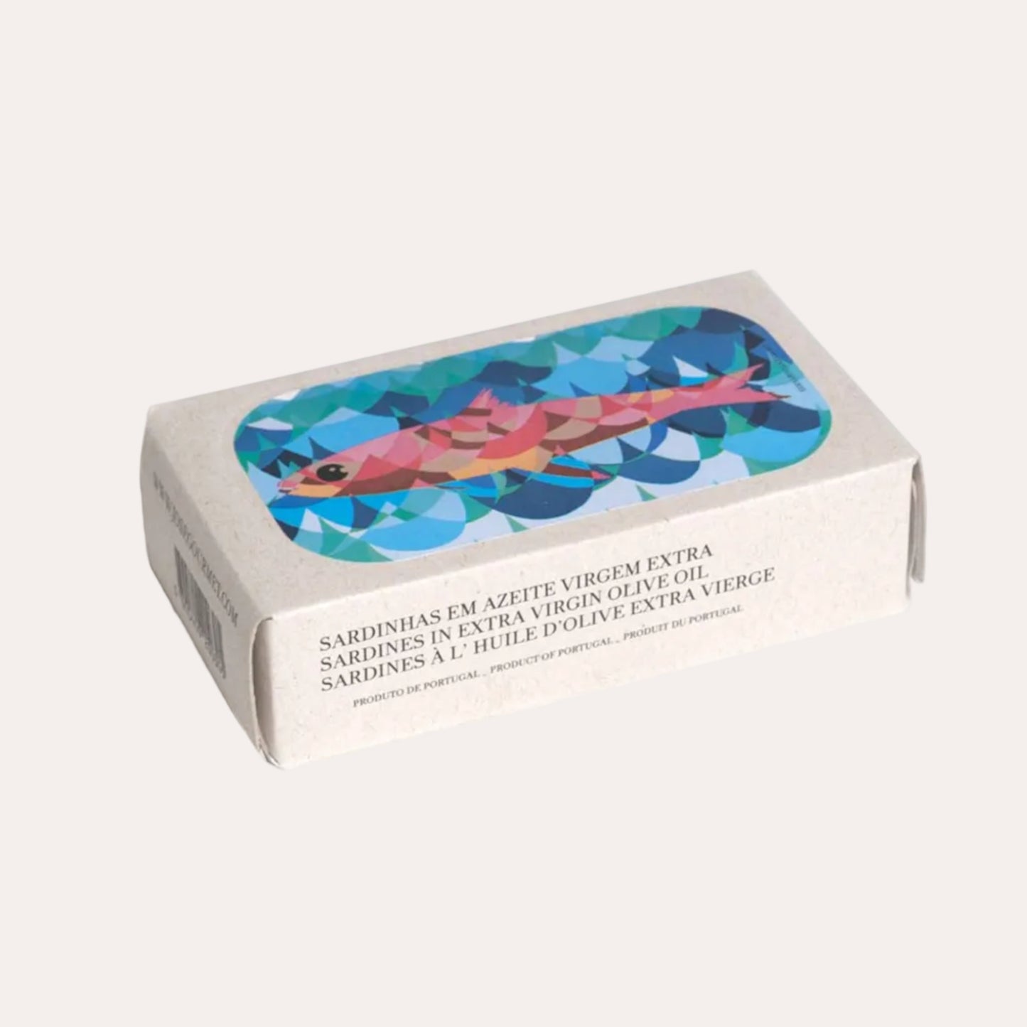 Box of sardines with colorful fish design on a white background