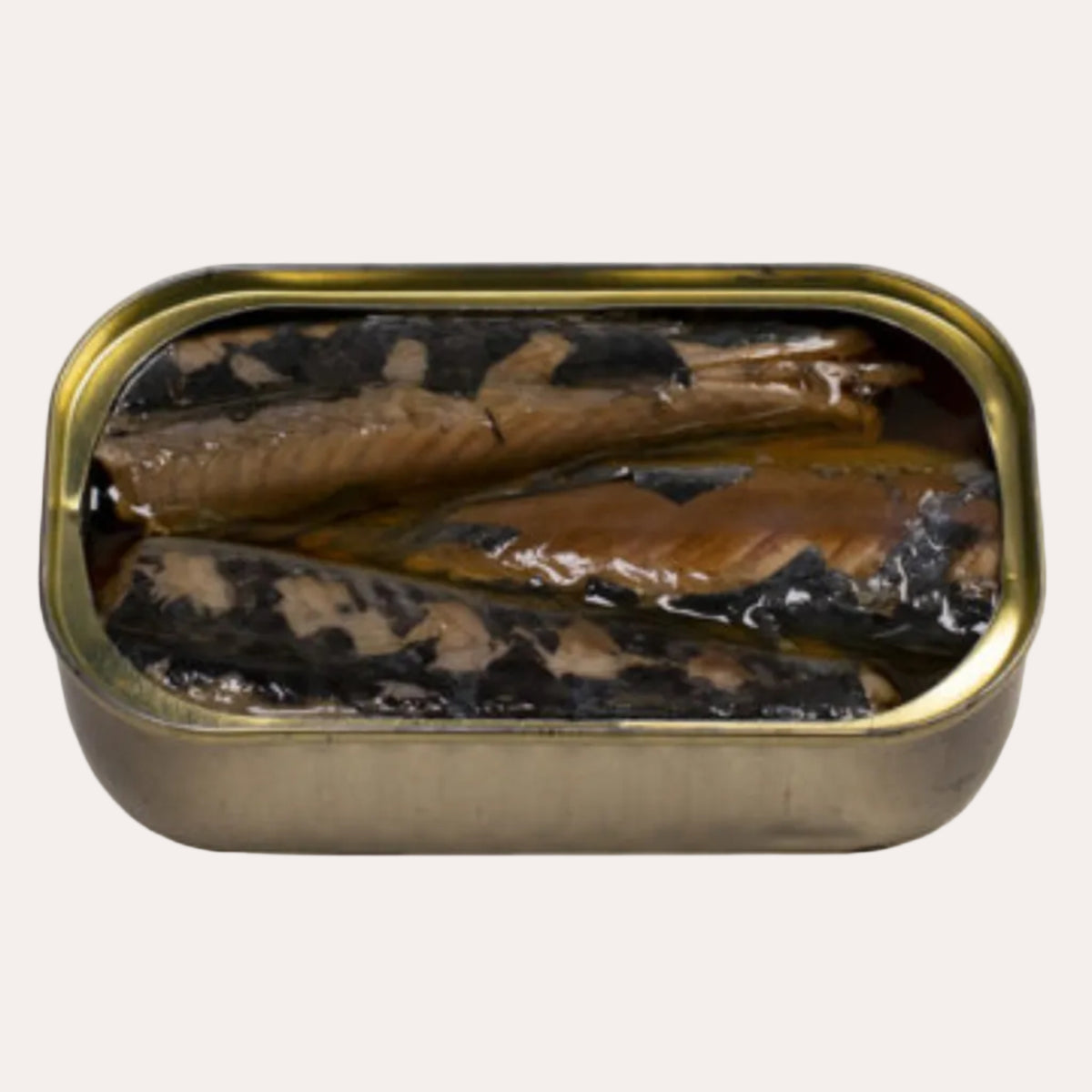 An open oval metal can of mackerel fillets in oil, photographed from above on a plain white background.