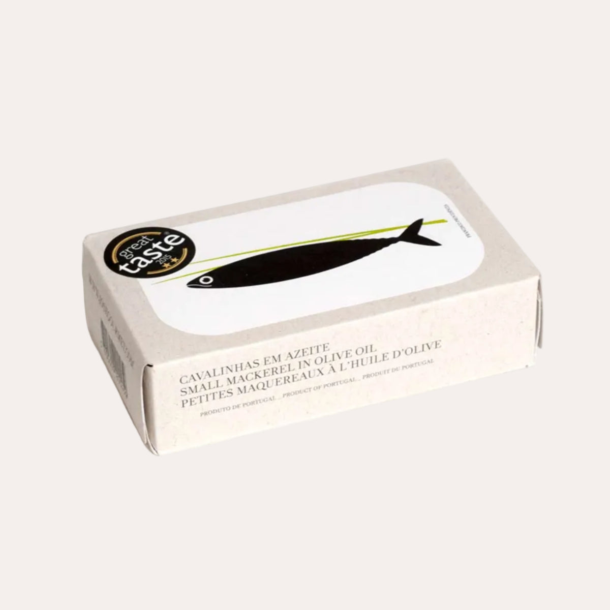 A rectangular cardboard box of Portuguese 'Sabor do Mar' small mackerel in olive oil, shown at an angle on a clean white background.