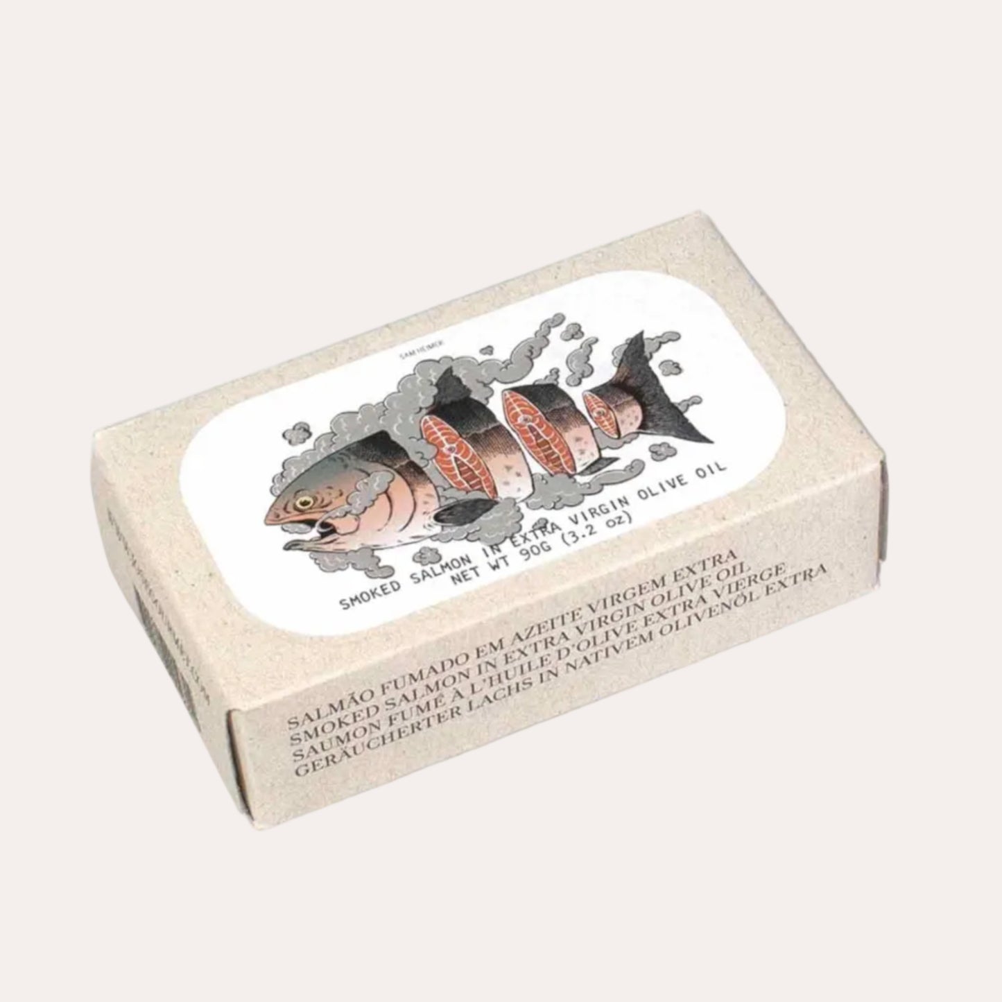 Box of salmon with olive oil label on a white background