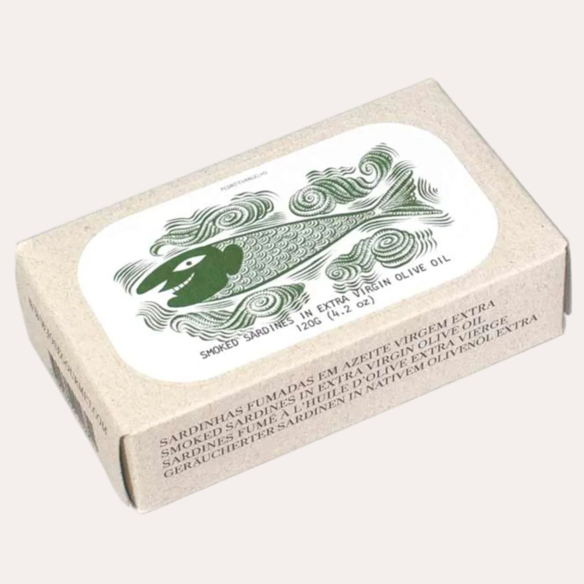 A rectangular cardboard box of Sardinha Fumada in extra virgem olive oil, featuring a white label with a green fish illustration, photographed on a clean white background.