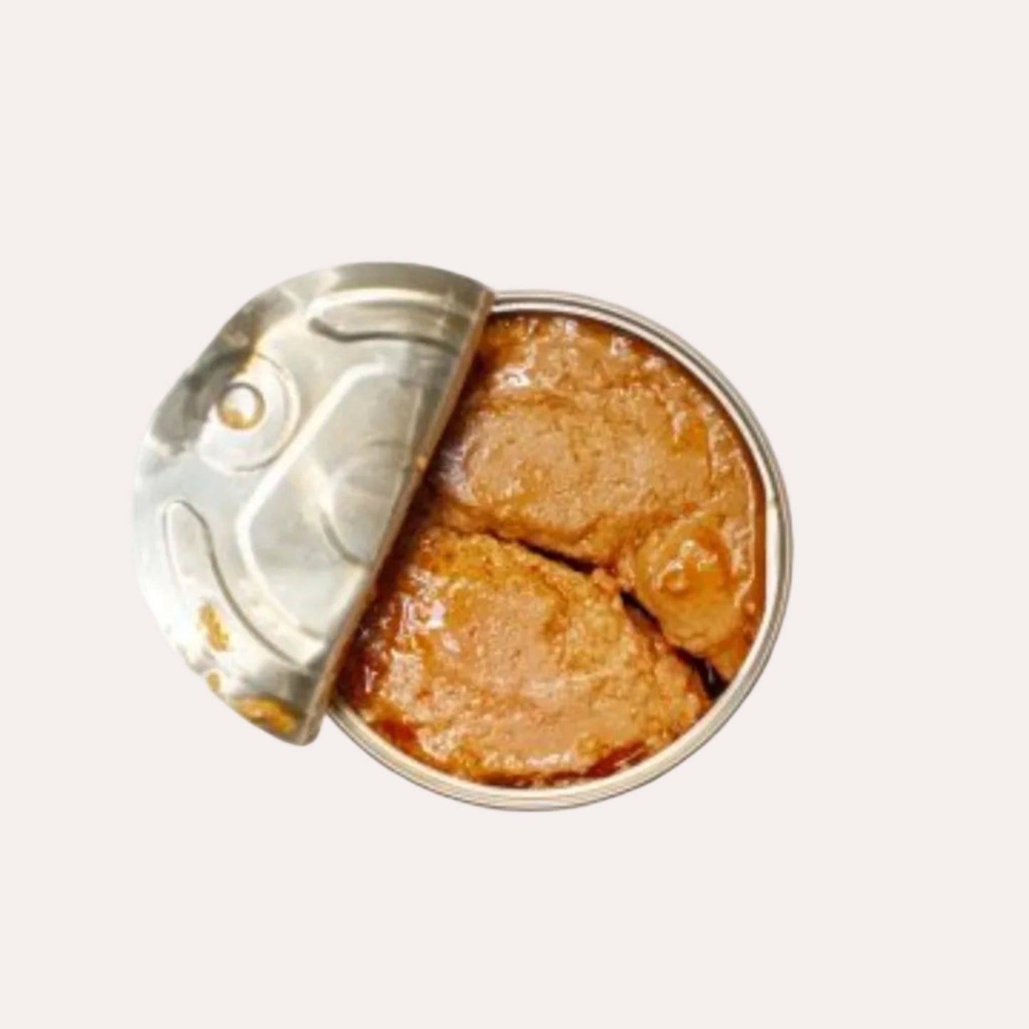 Canned pet food with fish-shaped lid on a white background