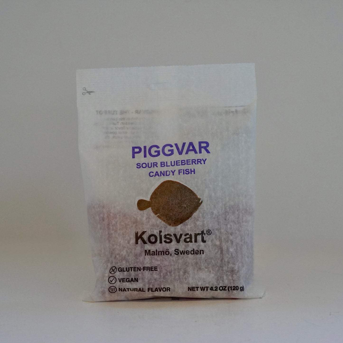 Koisvart Piggvar sour blueberry candy fish package on a white background