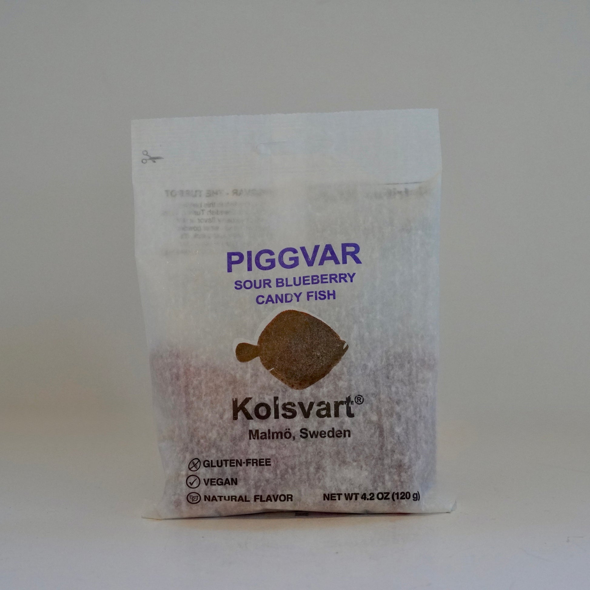 Koisvart Piggvar sour blueberry candy fish package on a white background
