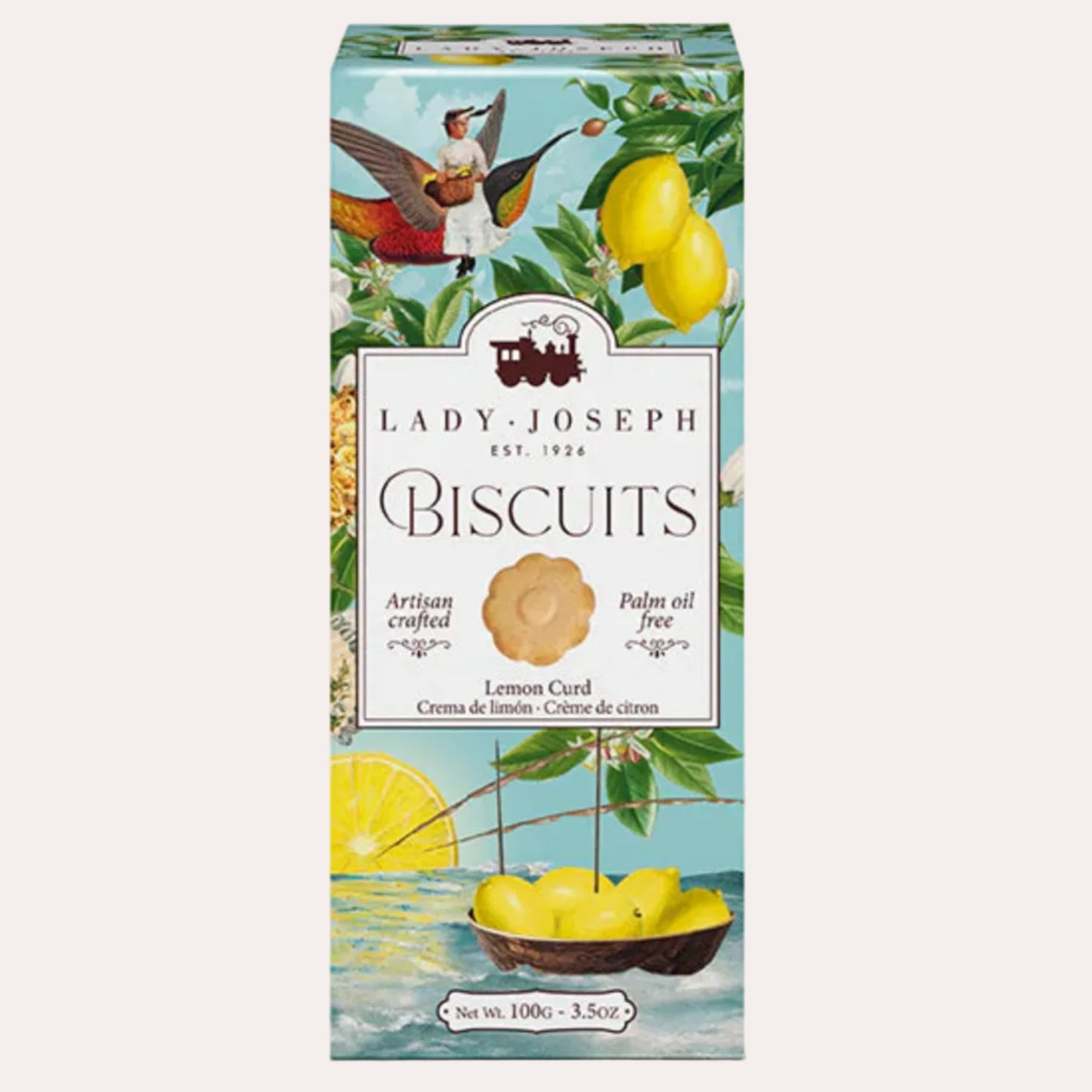 Box of Lady Joseph Biscuits with lemon design on a white background
