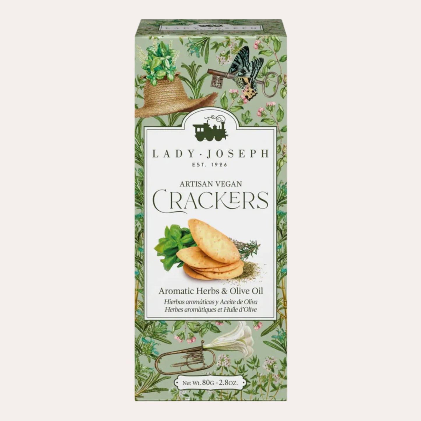 Box of Lady Joseph crackers with a green floral design on a white background