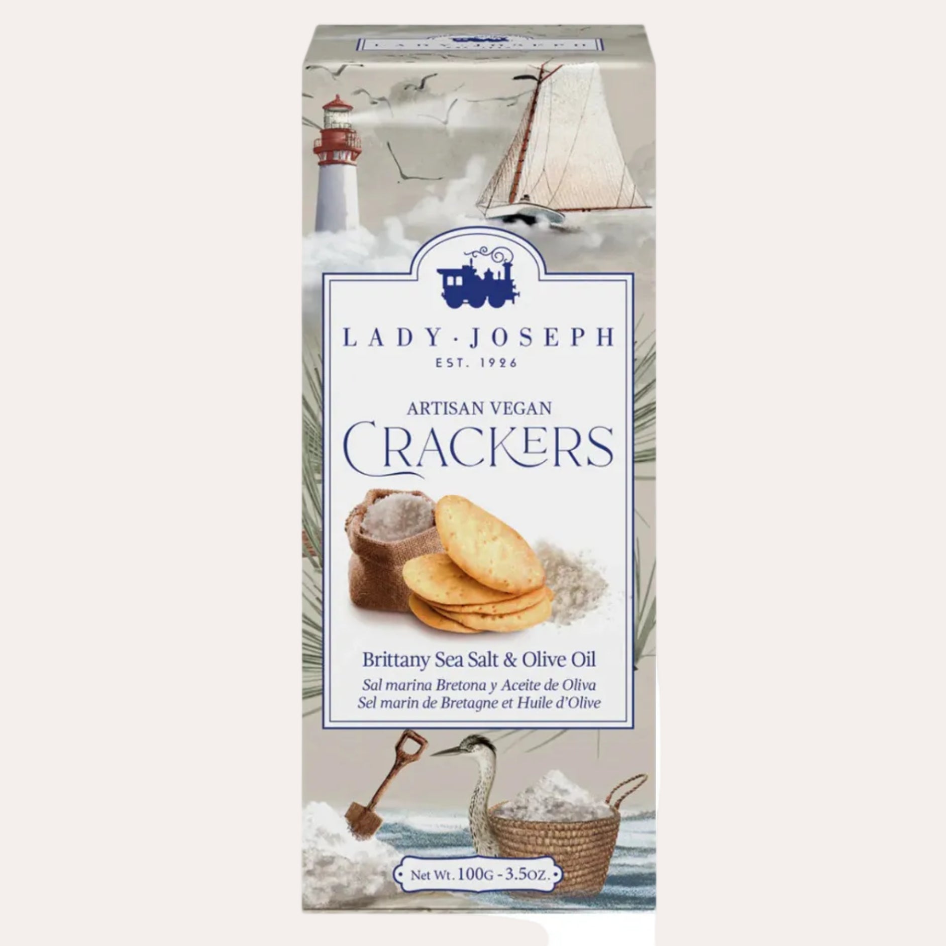Box of Lady Joseph Artisan Vegan Crackers with Brittany Sea Salt & Olive Oil flavor on a white background.