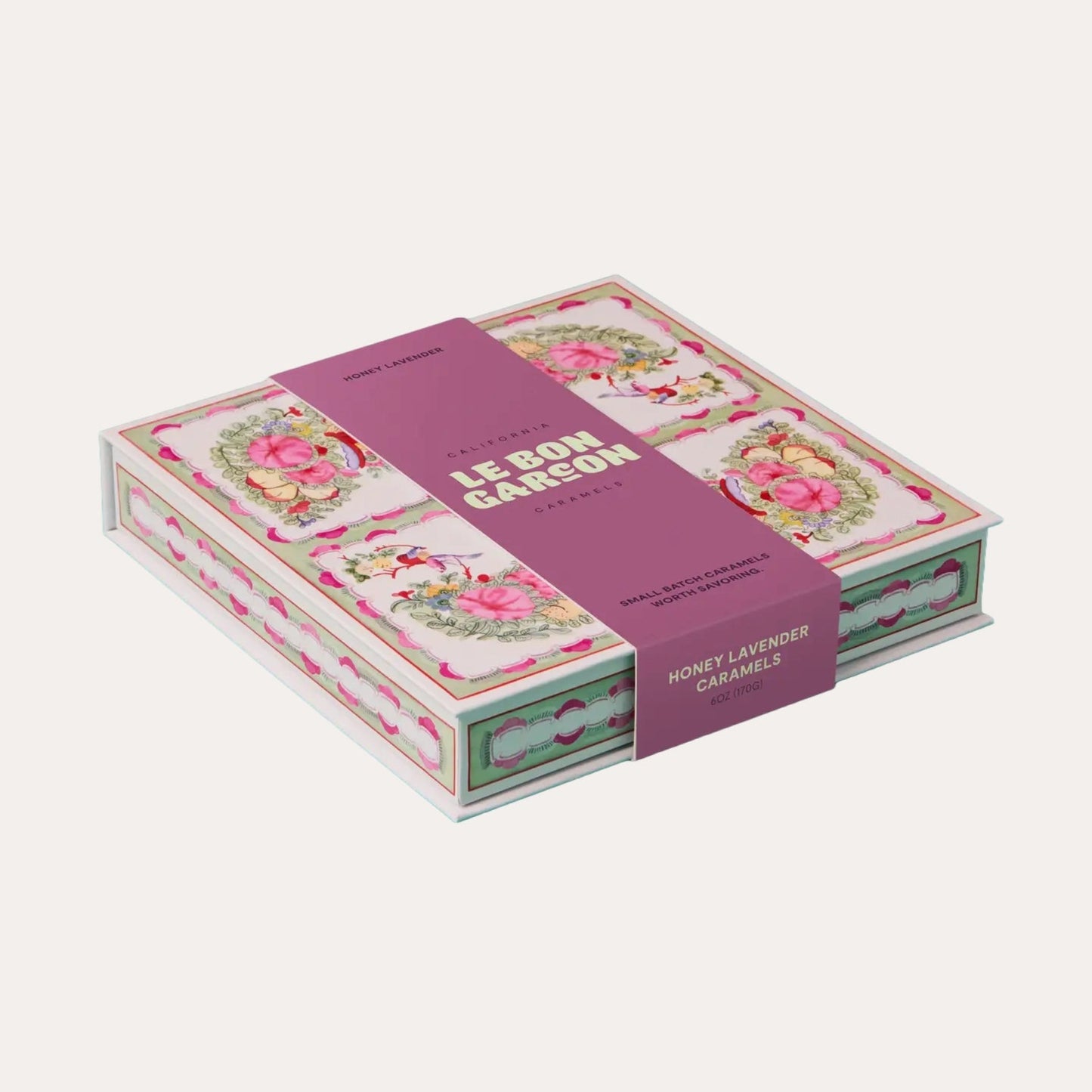 Box of Le Bon Cadeau honey lavender candies with floral design on a white background