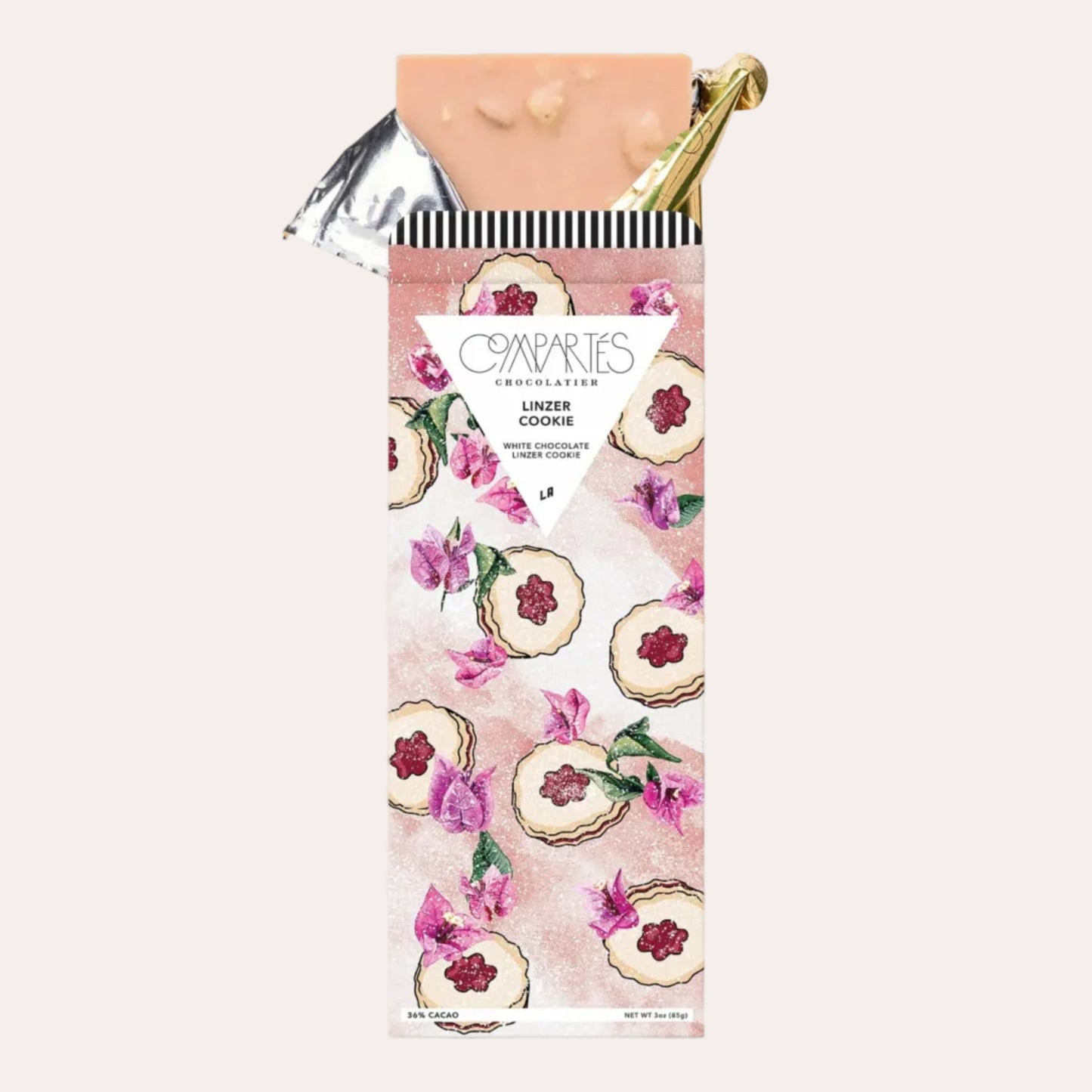 Cookie packaging with floral design and gold scissors on a white background