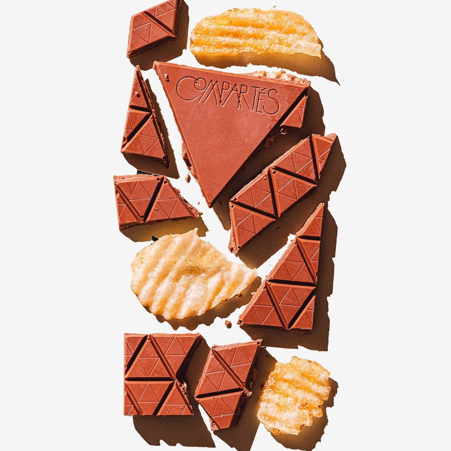 Chocolate bars with a geometric design on a white background