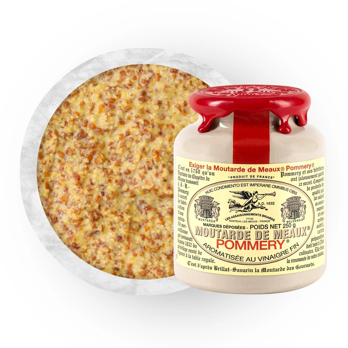 Jar of Pommery mustard with a close-up of the mustard inside on a white background