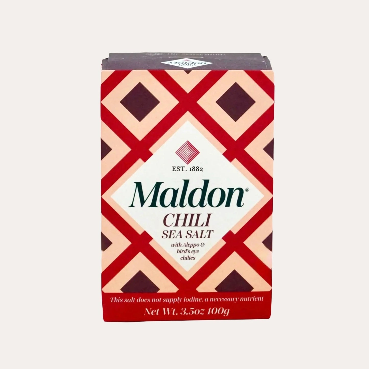 Maldon Chili Sea Salt packaging with geometric design on a white background
