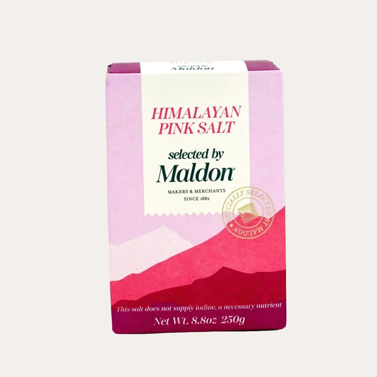 Box of Himalayan pink salt by Maldon on a white background