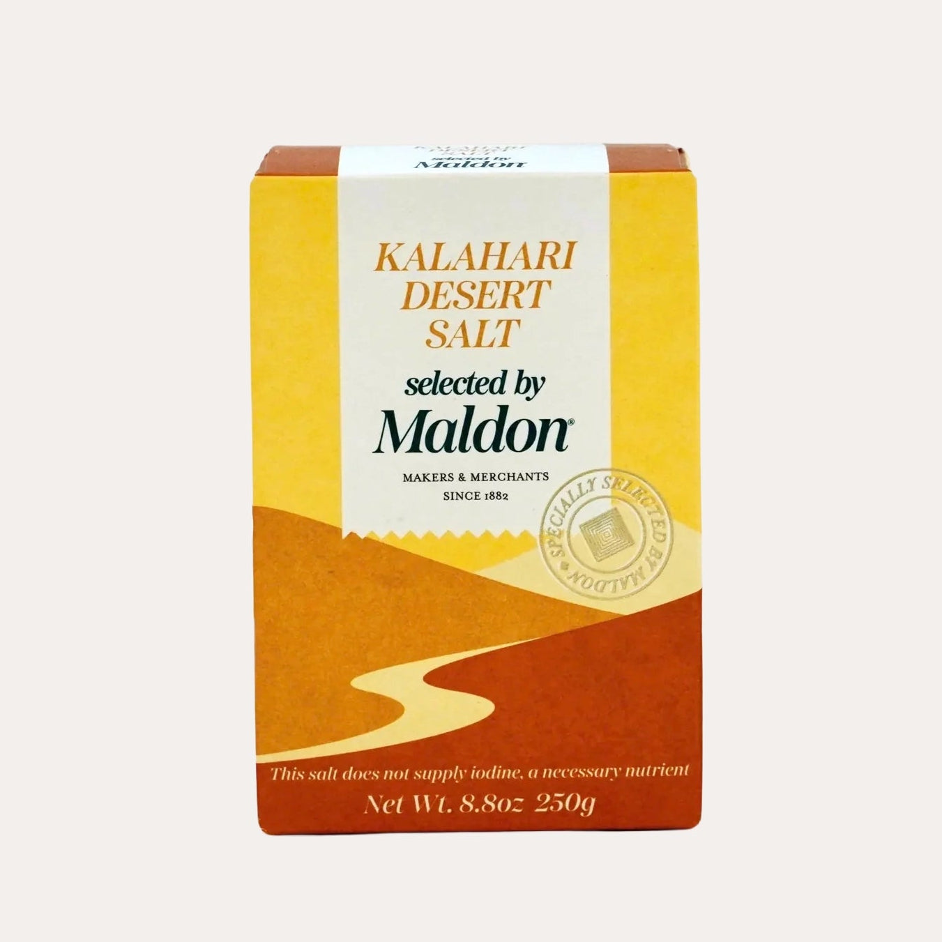 Box of Kalahari Desert Salt by Maldon on a white background