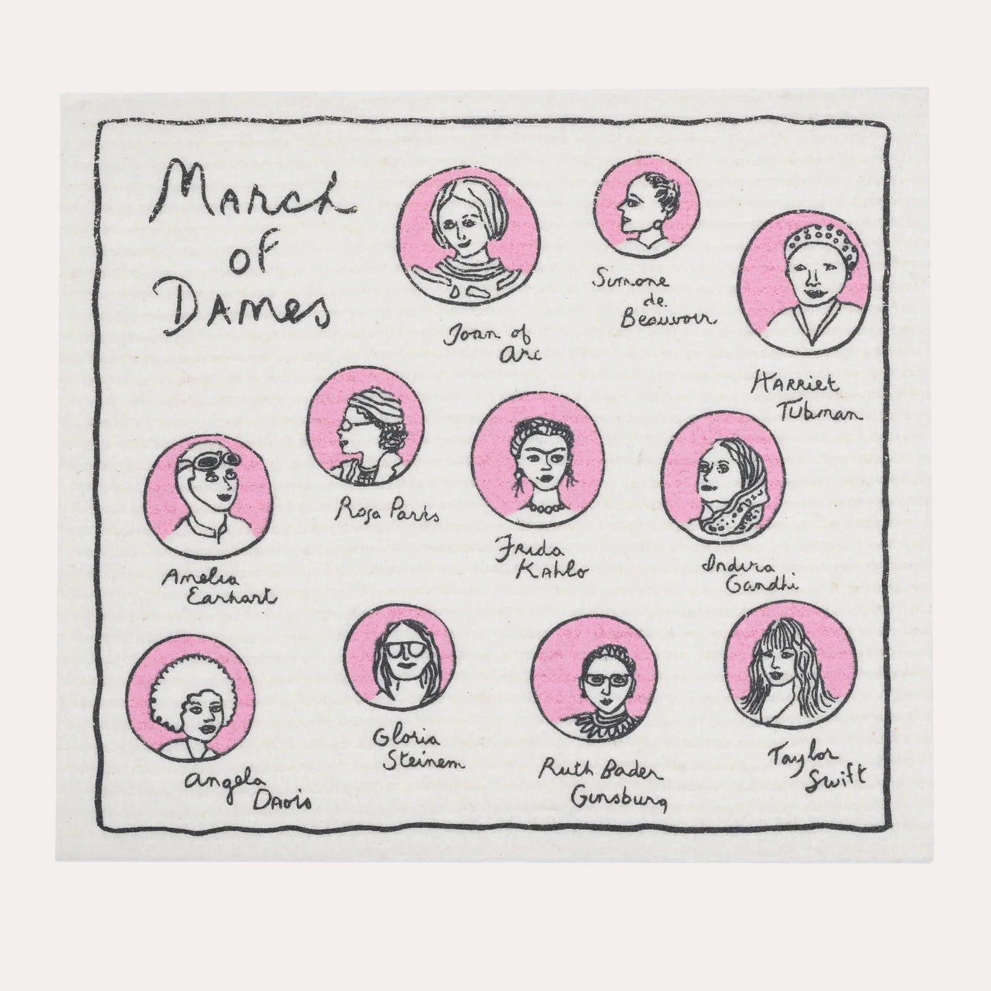 Illustration of 'March of Dames' with portraits of influential women in various styles.