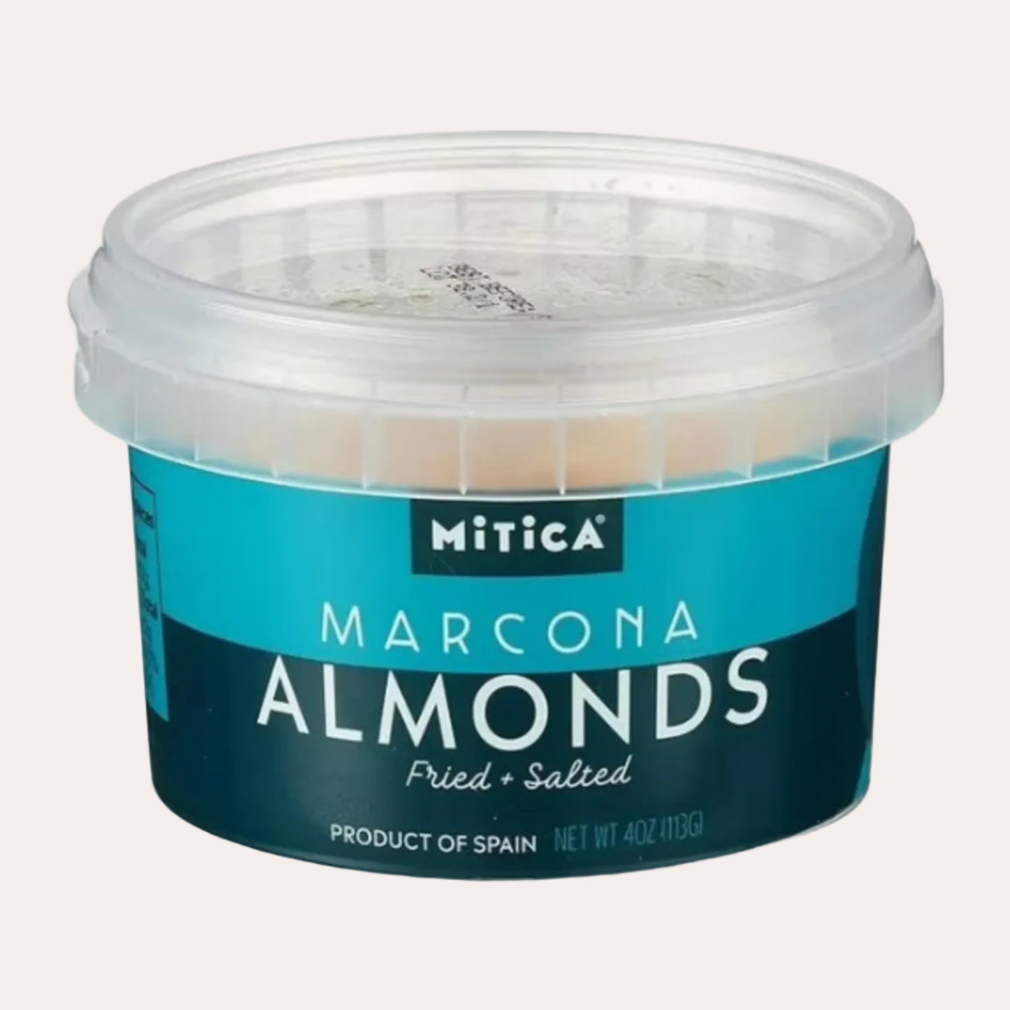 Container of Mitica Marcona Almonds on a white background