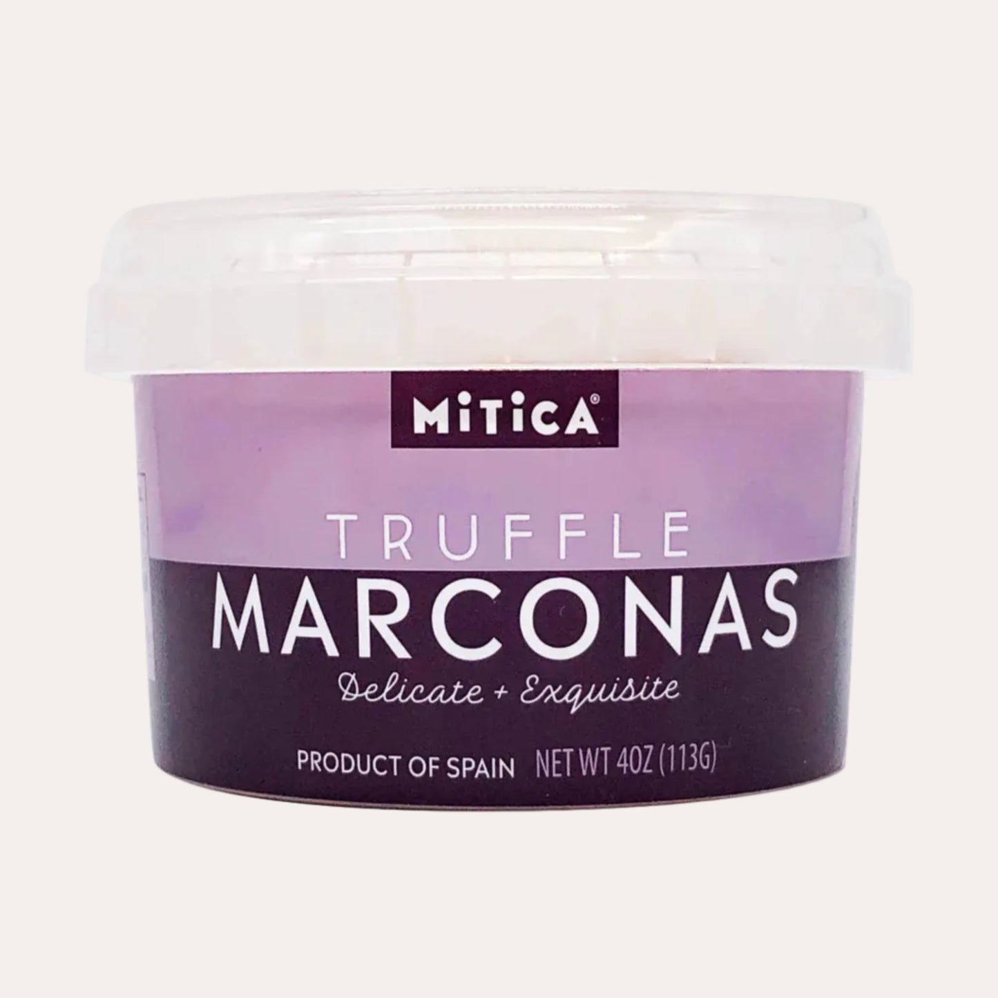 Container of Mitica Truffle Marconas on a white background