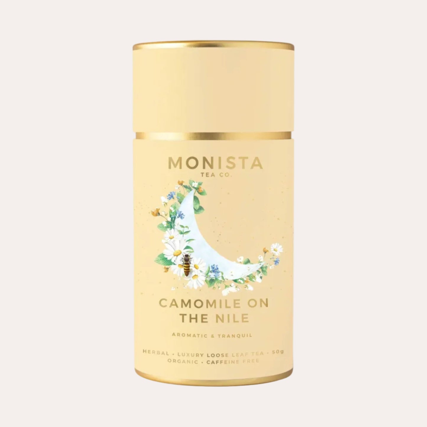 Monista Tea Co. canister for 'Camomile on the Nile' tea on a white background