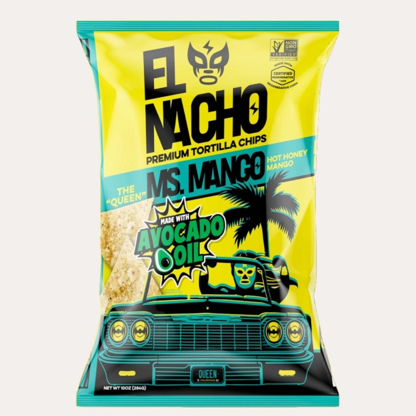 El Nacho tortilla chips packaging with a yellow and teal design on a white background